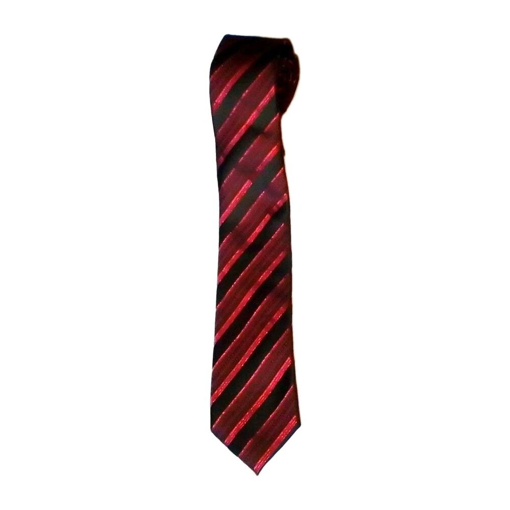​Barry Wang Silk Tie Mens Necktie Black Red Striped Hand Tailored Woven Busines